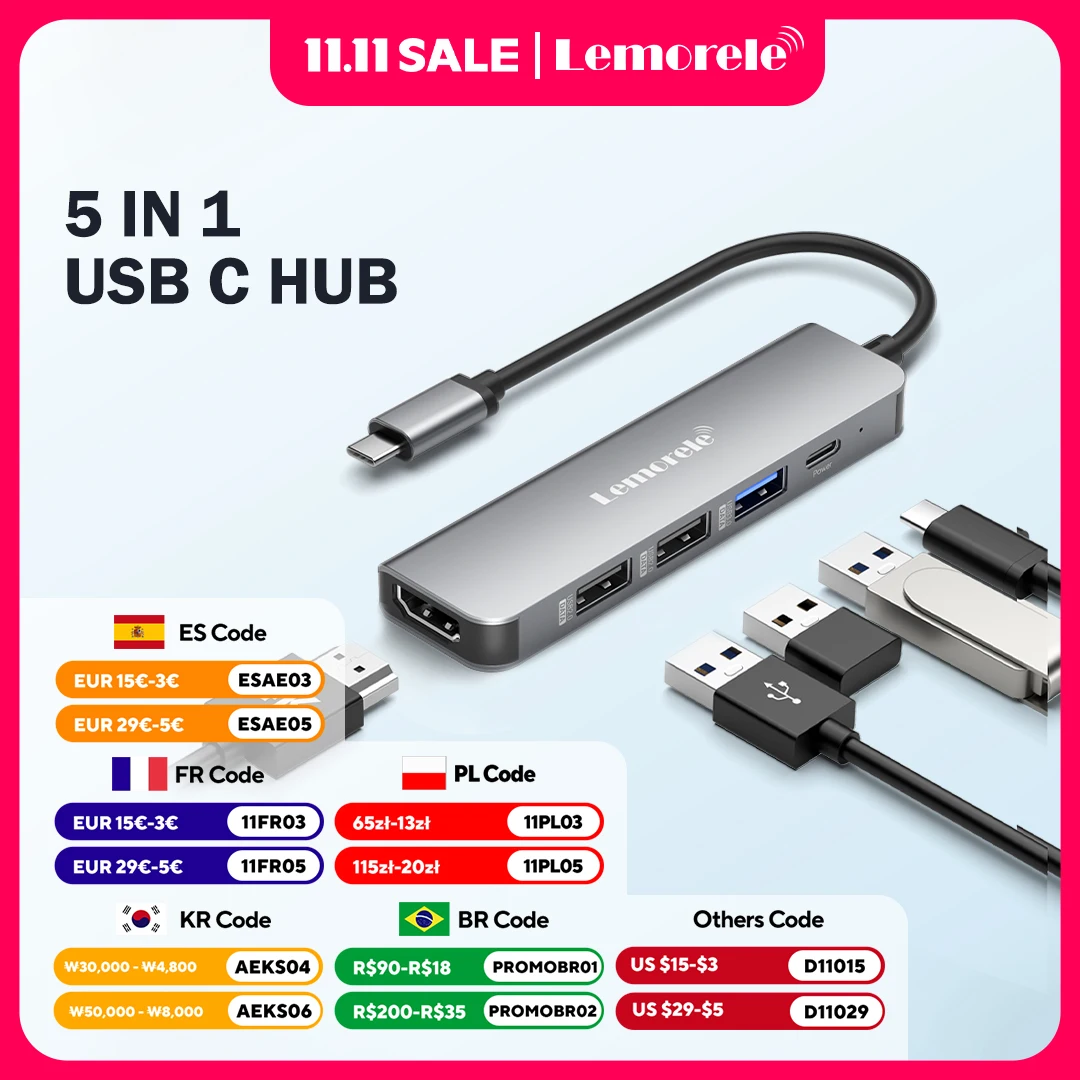 

Lemorele USB Hub USB C 3.0 Hub 5Ports Docking Station Type C Hub 4K30Hz HDMI-compatible USB 3.0 Adapter For Macbook Air M1 iPad