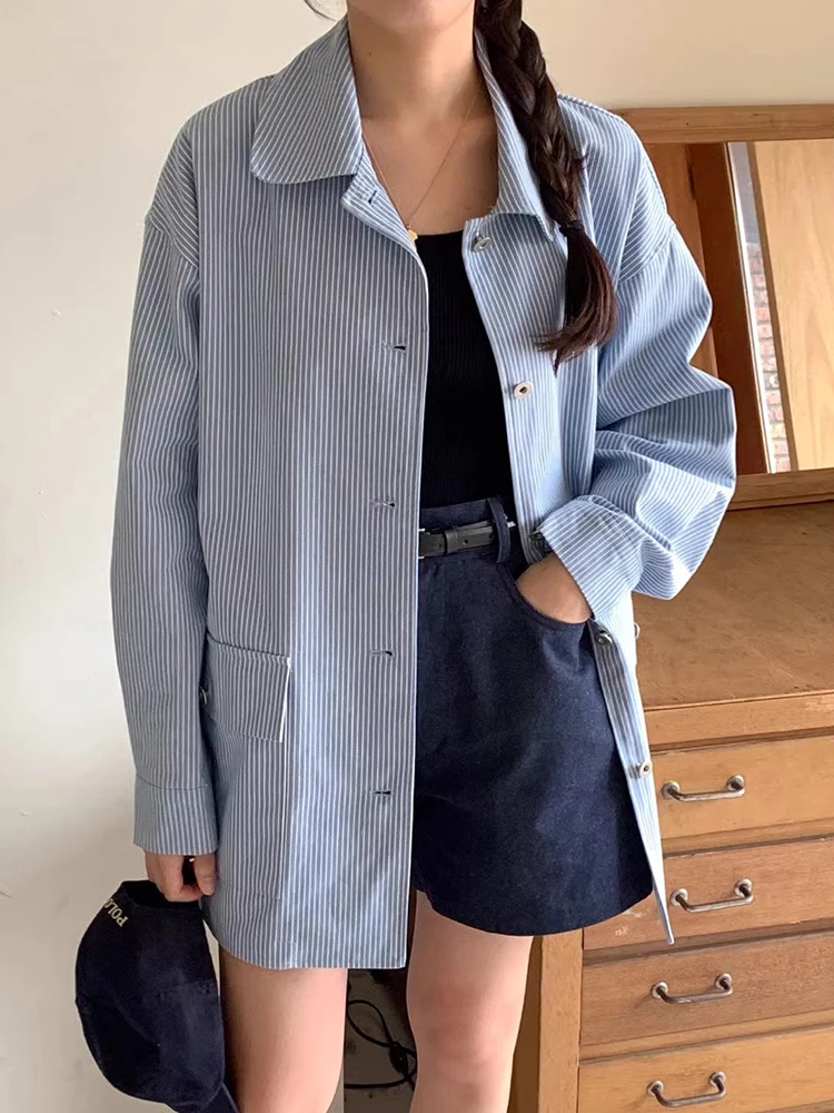 SuperAen 2024 Korean Chic Autumn New Item Retro Lapel Single Breasted Loose Pocket Long Sleeved Striped Shirt