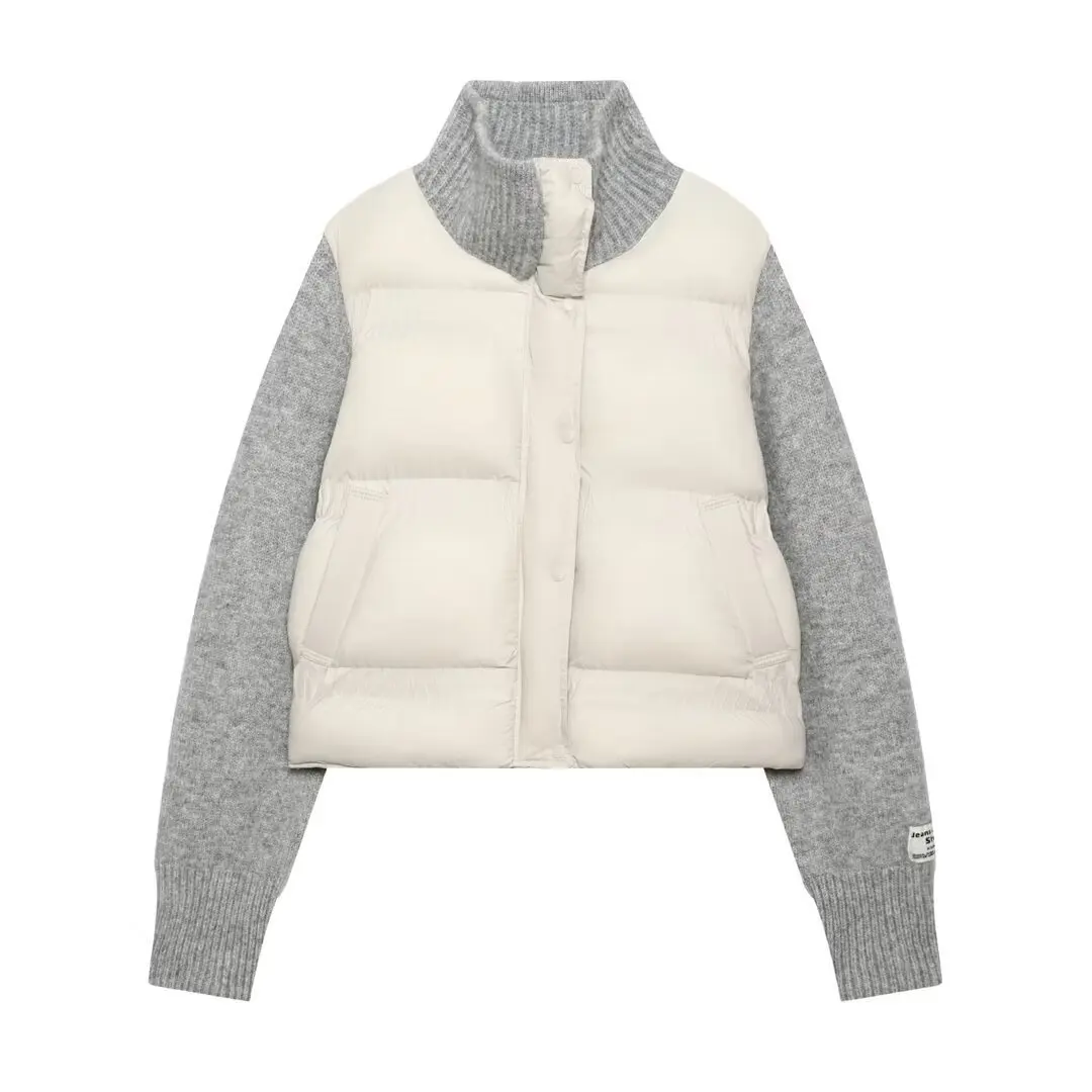 Women's Fashion Casual Knitted Patchwork Stand Collar Jacket With Knit Sleeves Stand Collar Button Warm Padded Soft Knit RVHA