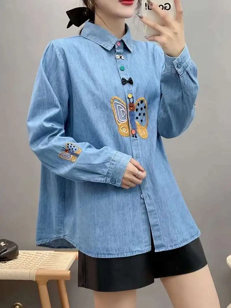 Harajuku y2k Denim Shirts Women Japan Fashion Original Butterfly Embroidery Denim Blouses Designer Jean Shirt Cardigan