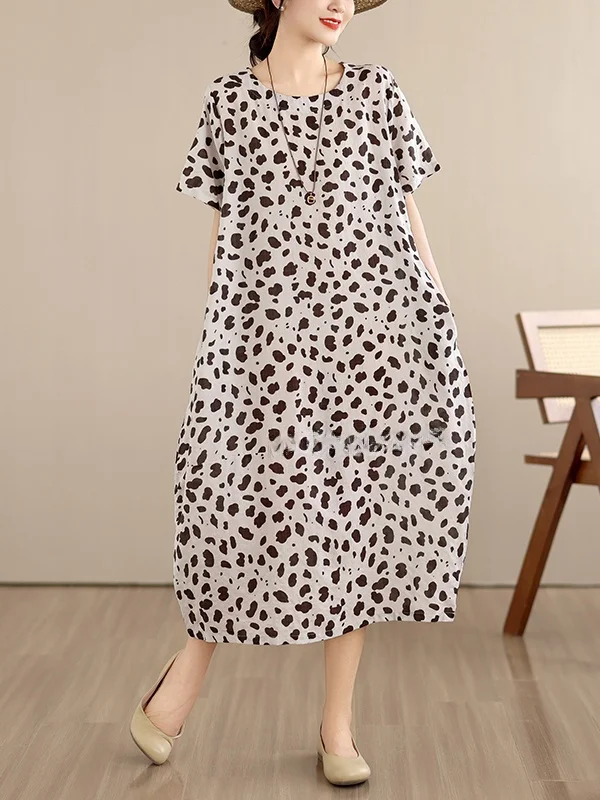 

Summer Cotton Linen Print Loose Short Sleeve Slimming Short Sleeve Flower Dress Thin Skin-friendly Casual Style Women Dress