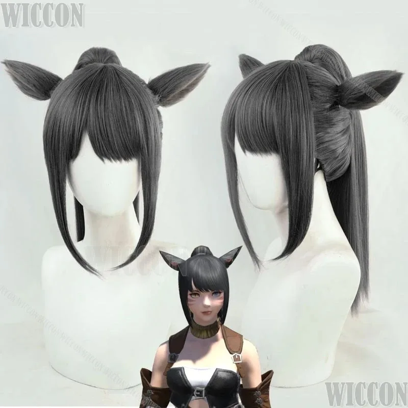 

a7d@Female Miqo'te Cute Cat Game Fiinal Fantassy XIV FF14 Cosplay Prop Black Wig Women High ponytail Hair With Holloween Rolepla