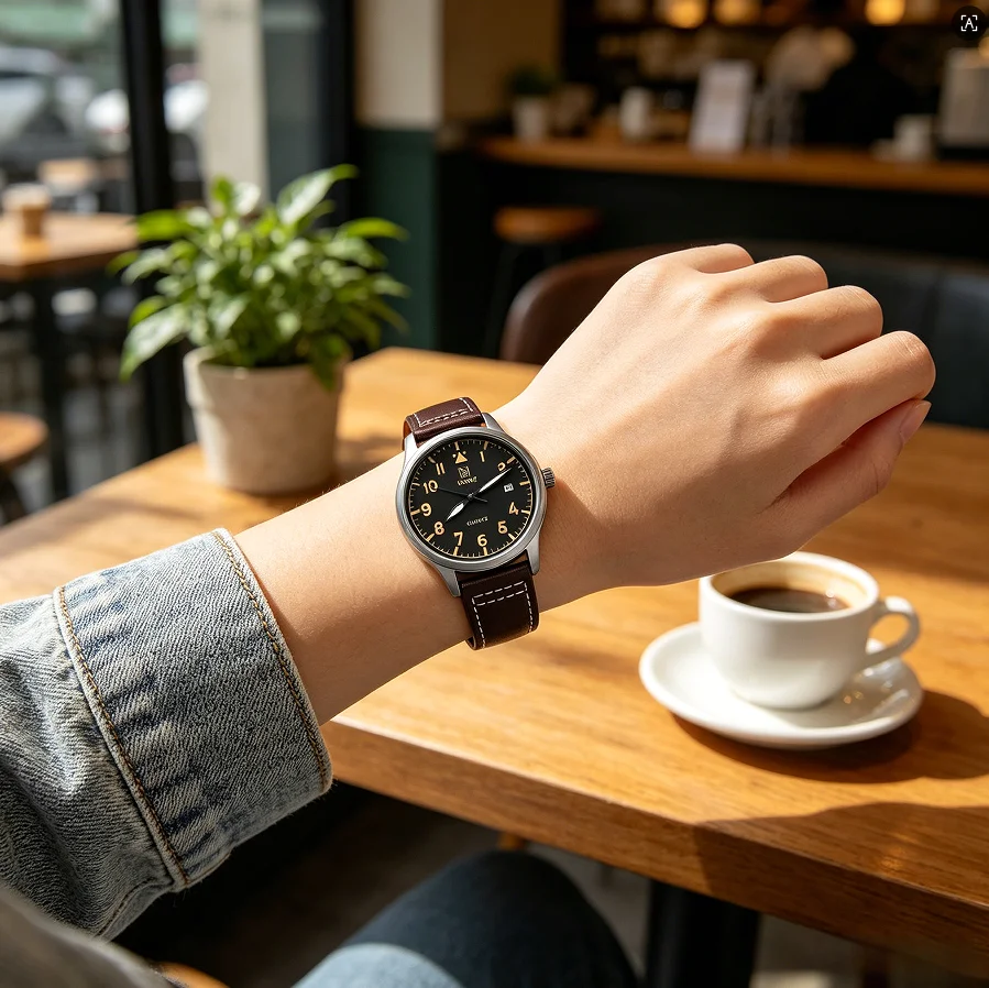 &Latest Pilot Quartz Watch Retro Casual Business Mens Fashion Watch with Brown Leather Strap