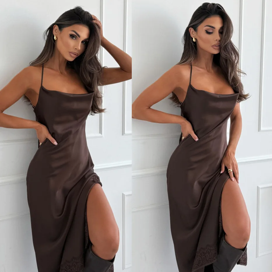 

2025 женское весенне-летнее новое атласное лоскутное платье на бретелях, повседневное платье с разрезом для отпуска