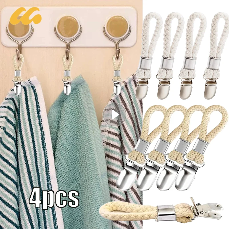 Towel Clips Braided Cotton Loop Towel With Metal Clamp Multi Purpose Hooks Socks Clothes Hanger Kitchen Household Storage Clips