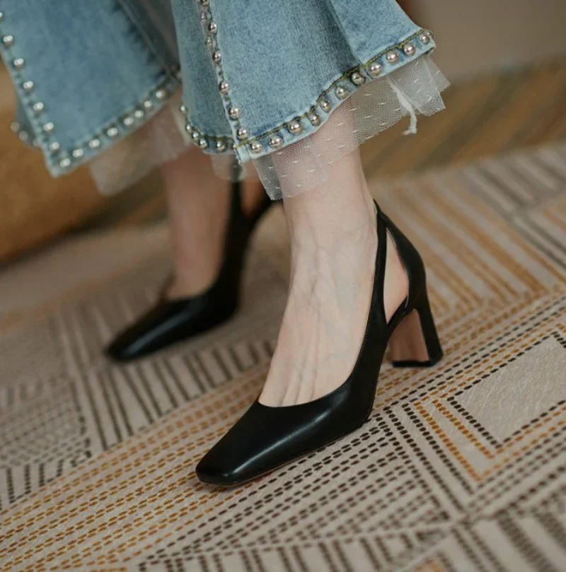 Woman Footwear Office High Heels Black Square Toe Block Heel on Heeled Normal Leather Casual Pumps Chunky Shoes for Women L Y2k