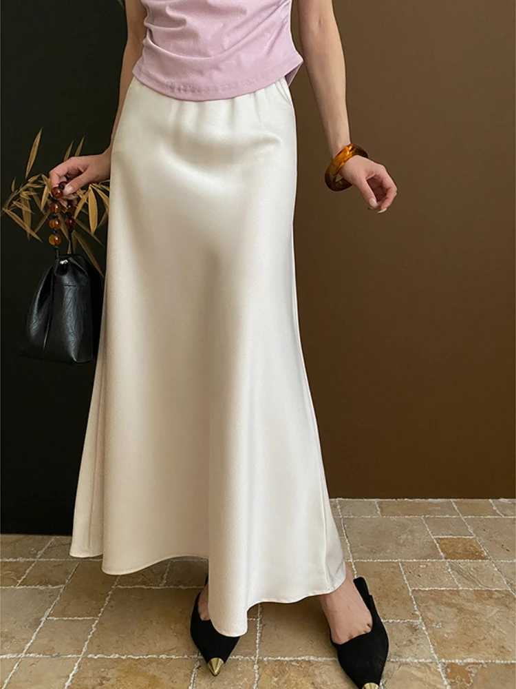 Satijnen Hoge Taille Damesrok Mode-Temperament Elegante Lange Rok Voor Dames Zomer Slanke Elastische Taille Zwarte Fishtail Rok