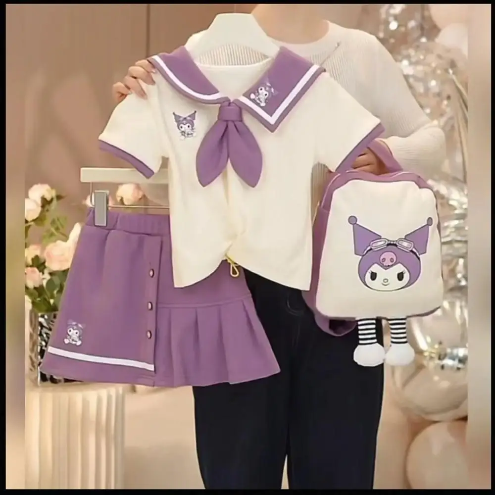 

Sanrio Kuromi Summer Children Jk Set Girls Student Uniform My Melody Tshirts Pleated Skirts Short Sleeves Kid Top Bottom Clothes