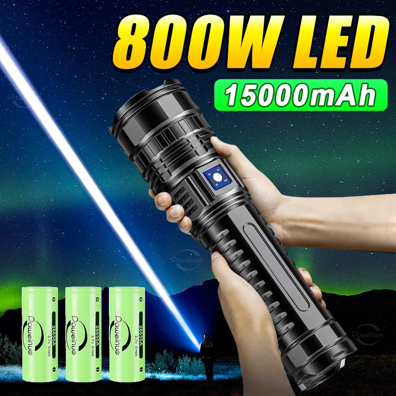 800W High Power LED Flashlights With USB Type-C Rechargeable Lantern Ultra Powerful LED 15000mAh Battery Torch For Outdoor IPX6