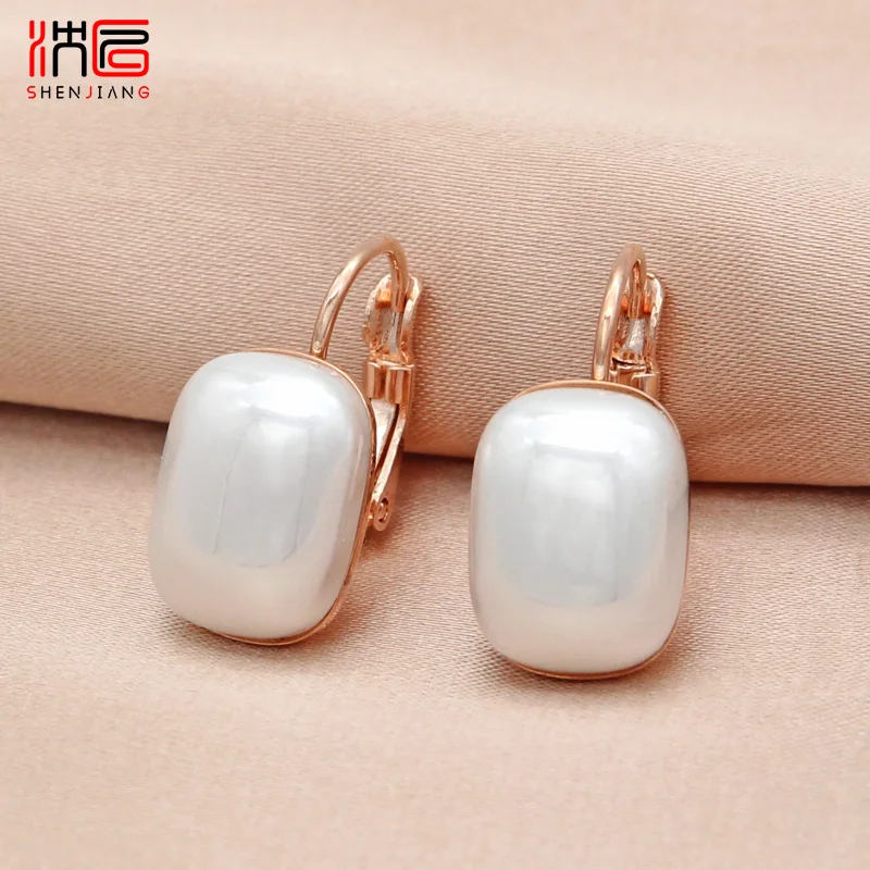 SHENJIANG New Fashion Elegant Square Simulated-pearl Dangle Earrings For Women Wedding 585 Rose Gold Color Eardrop Jewelry