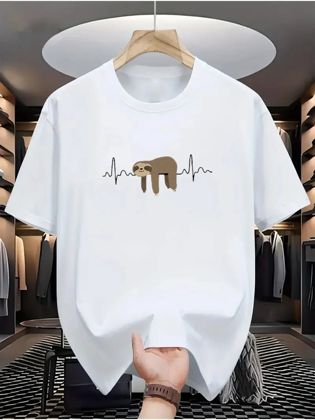 تي شيرت رجالي برسومات كسلان قطن 100%، تي شيرت كاجوال برقبة دائرية مع طباعة نبضات القلب، أزياء صيفية قصيرة الأكمام للاستخدام اليومي