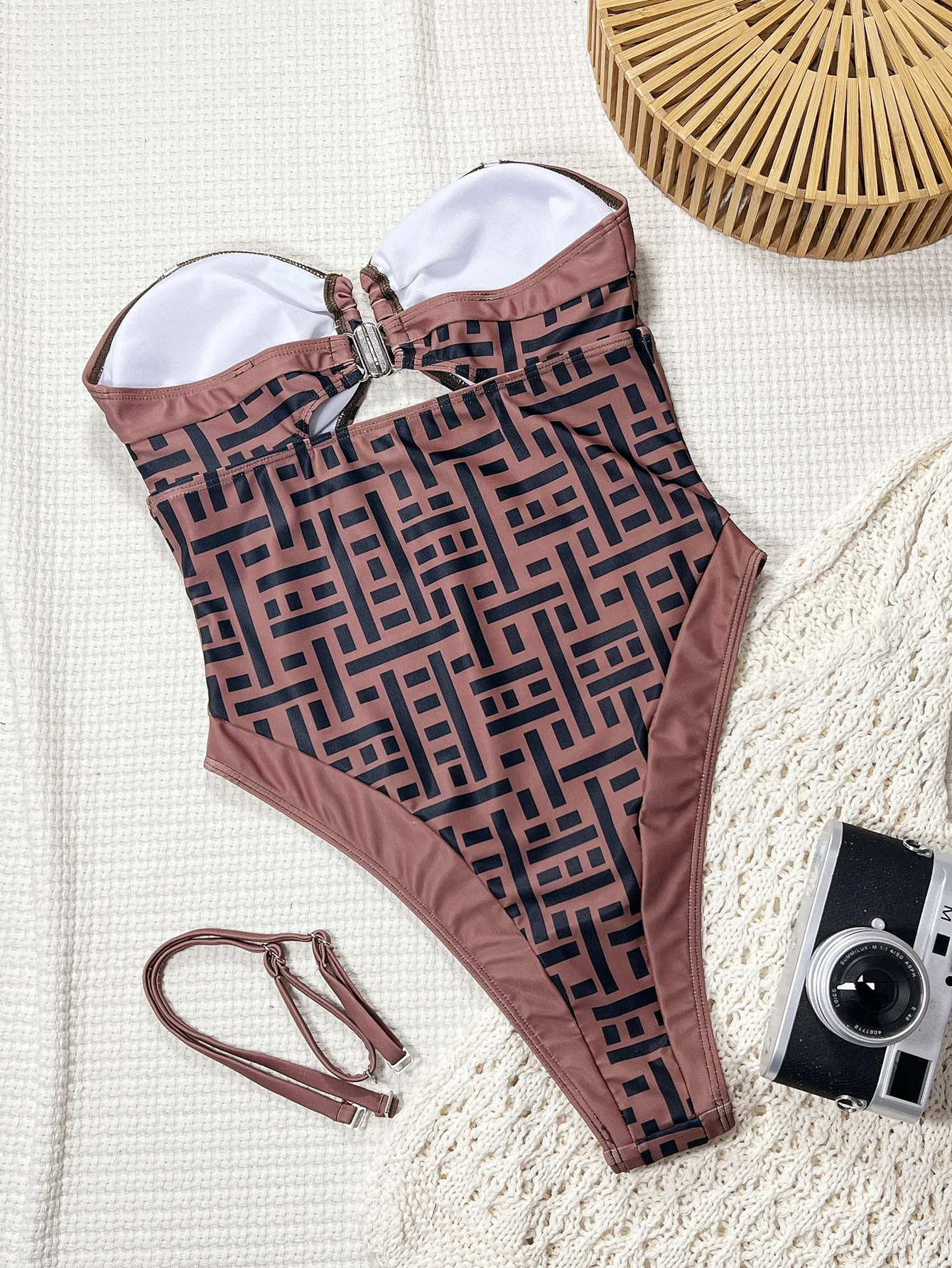 Vintage Bandeau Swimwear Women 2026 Coffee Plaid Metal U Neck Hollow Out Tummy Control One Piece Swimsuit Holiday Bathing Suits