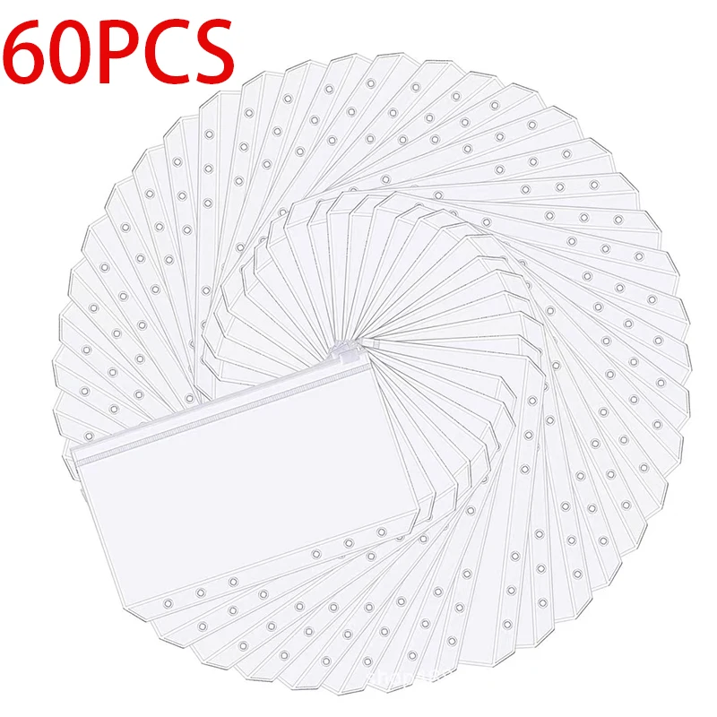 

60PCS Convenient Clear PVC A6 Budget Binder Pockets Zipper Folder Bags for 6-Ring Notebook Binder Files Reports Binder