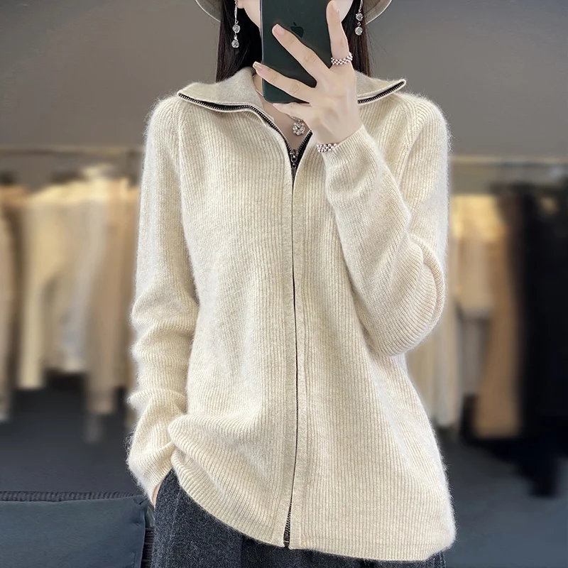 DjzDsm 100% Mink Cashmere Knitted Cardigan Ladies Loose Korean Version Of Women\'s 2024 New Zipper Cardigan Long-Sleeved Sweater