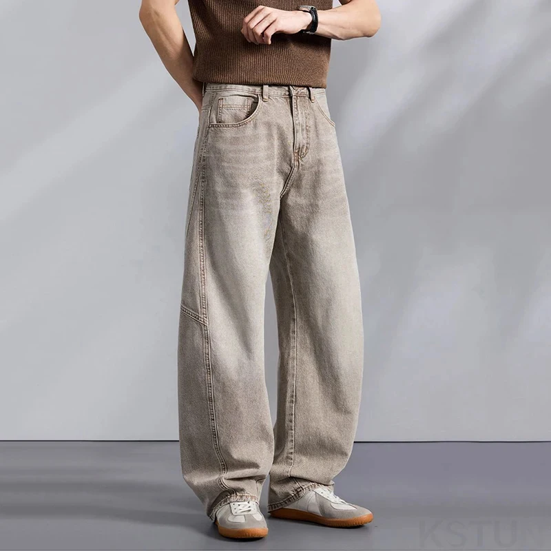 2026 Men's Loose Straight Jeans Wide-leg Trousers ‌Curved Blade Jeans Khaki Denim Pants Male Baggy Pants Patched Vintage
