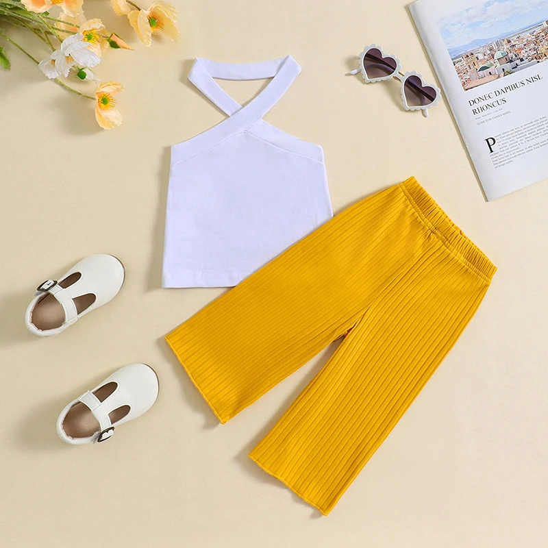 

2024-05-08 Lioraitiin Kids Girls Summer Outfits Solid Color Halter Neck Sleeveless Tank Tops and Elastic Waist Long Pants Set