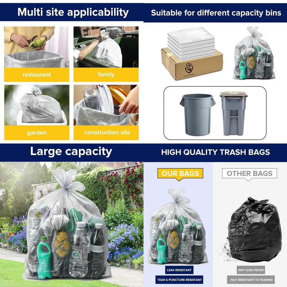 

100 Packs - 45-50 Gallon Heavy Duty Clear Trash Bags, 2 Mil Thick, Suitable for Kitchen, Yard, Building, Outdoor, and Hotel Use,