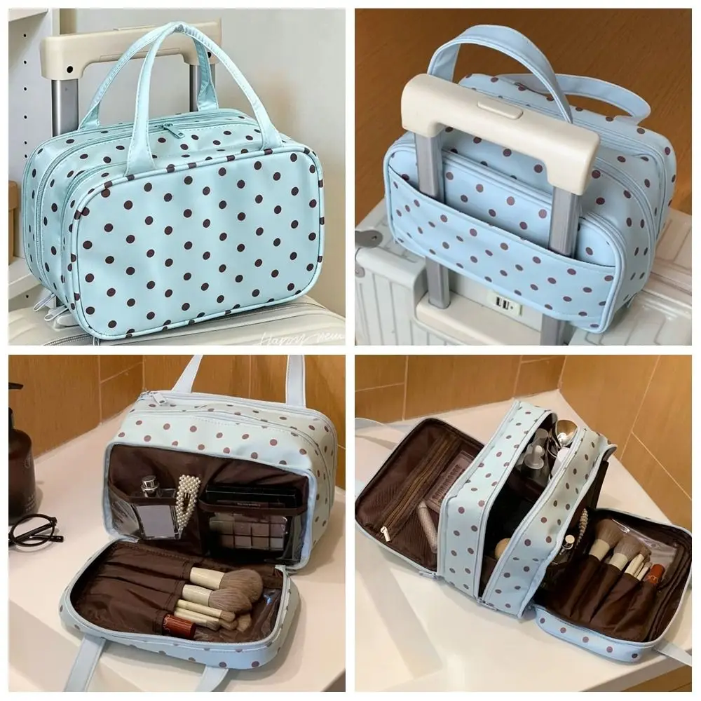 Polka Dot Handheld Makeup Bag Multifunctional Three Layer Partition Toiletry Organizer Bag Waterproof Large Capacity