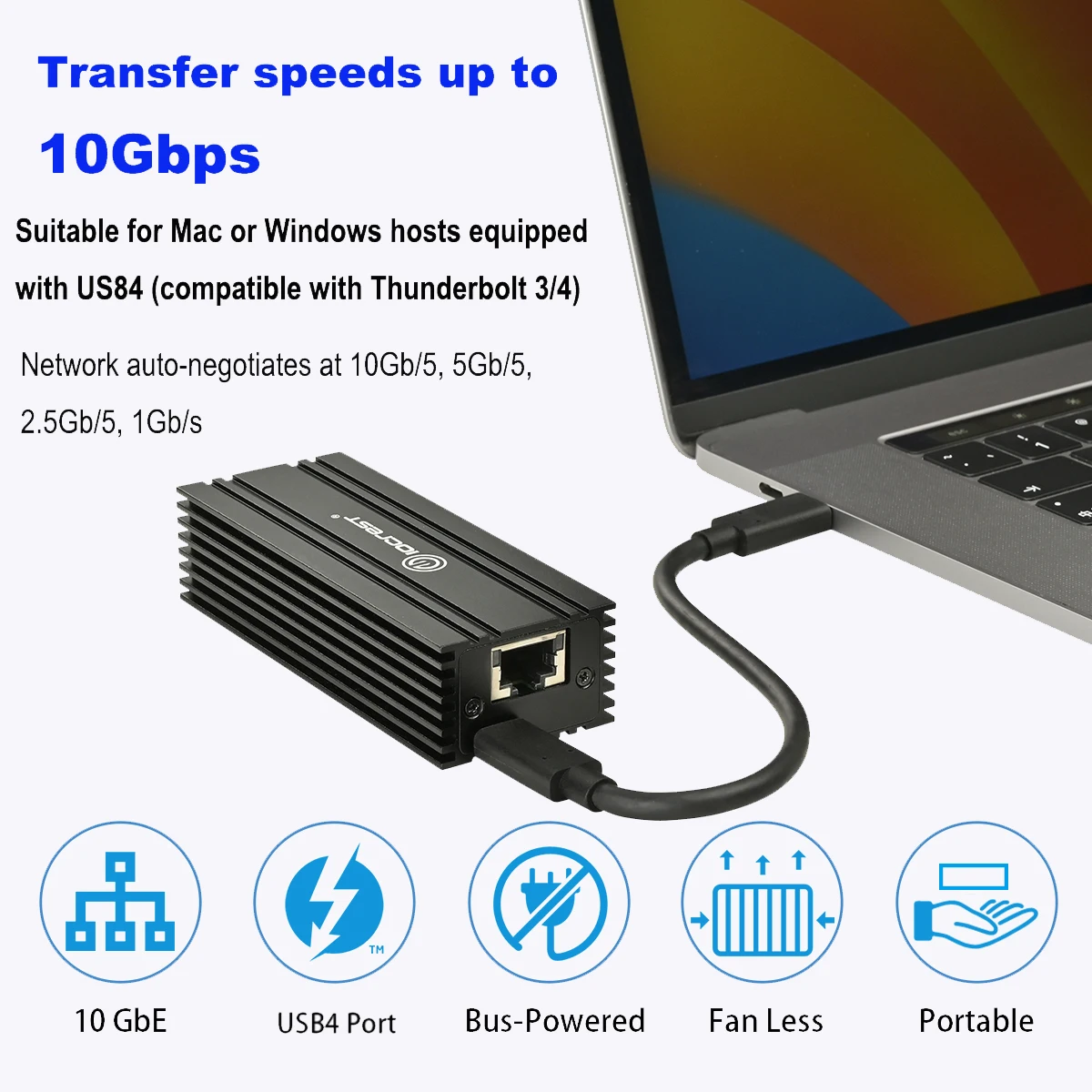 IOCREST USB4 10G Ethernet Adapter Compatible With Thunderbolt 4/3 Single Port RJ45 10GBASE-T Ethernet Nic Support Mac IMAC