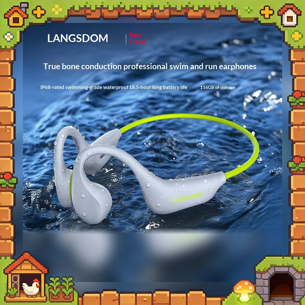 LANGSDOM BE20 Bone Conduction Bluetooth Headphones Waterproof Swimming Open Ear Sports Earbuds for Running Workout