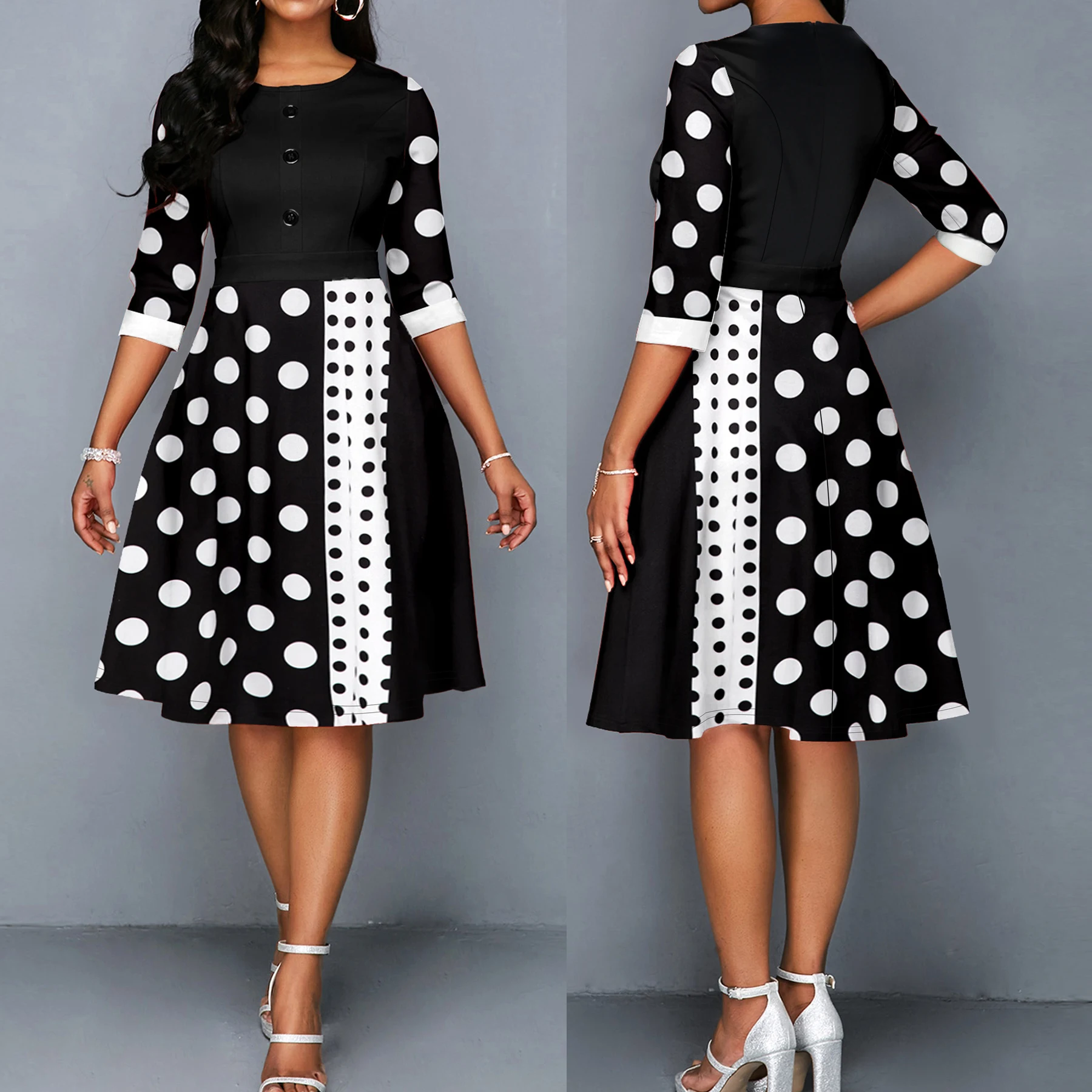 Polka Dots Print Button Decorate Dress, Elegant 3/4 Sleeve Dress Spring & Fall, Women\'s Clothing