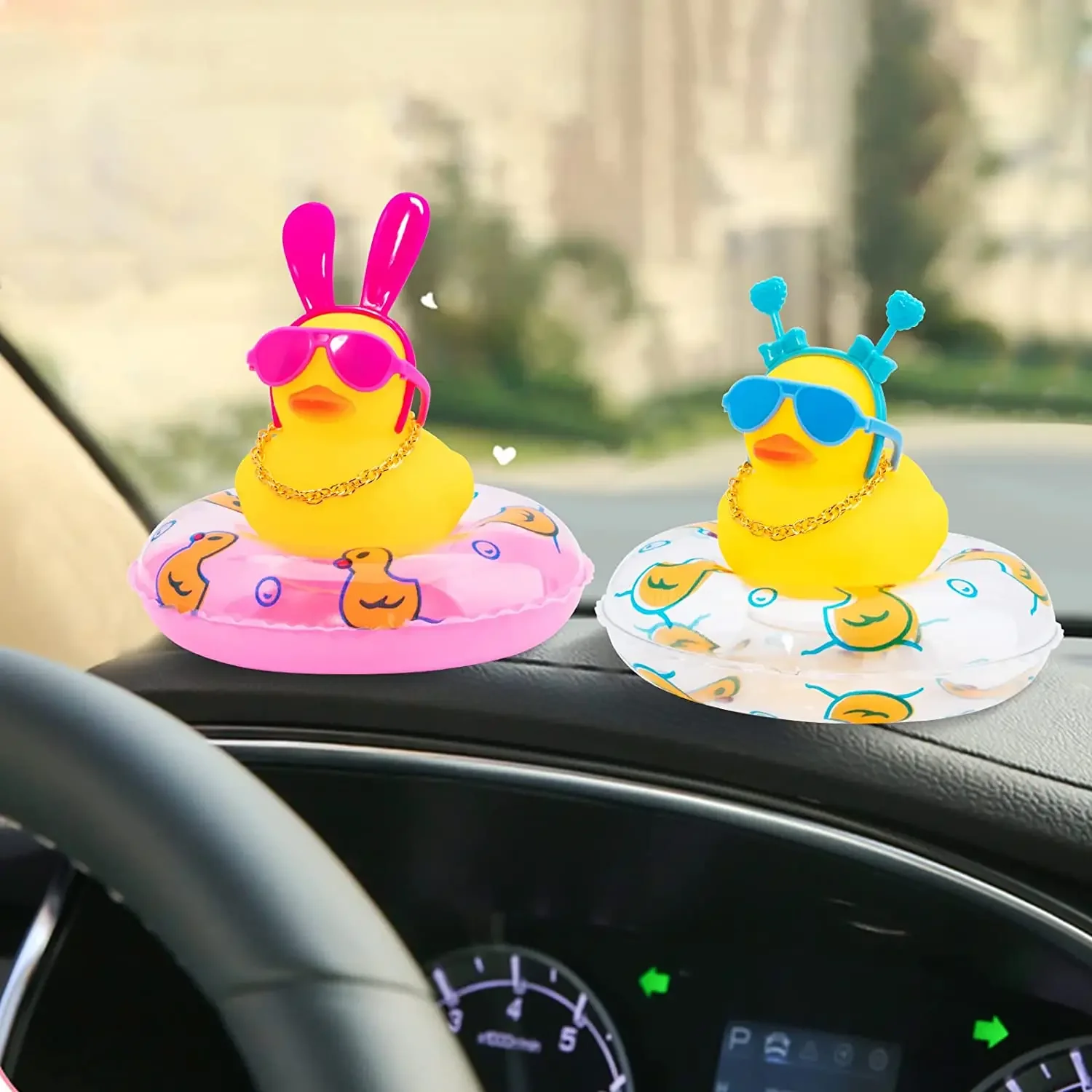 Rubber Duck Car Ornaments Duck Car Dashboard Decorations with Cute Headband Necklace Sunglasses, B-Pink Double Heart Headband