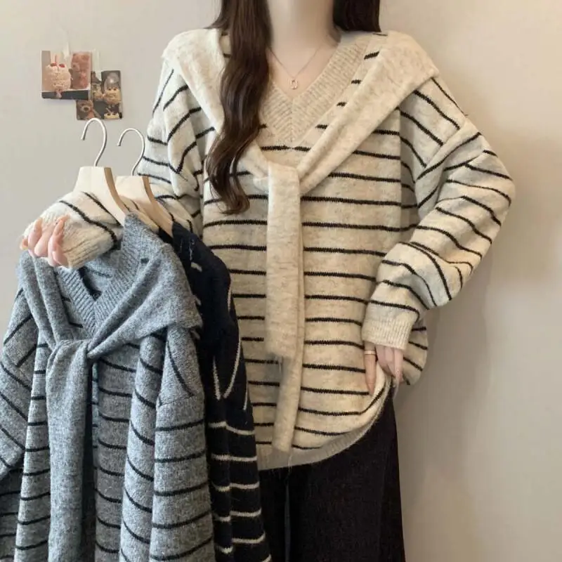 

Поддельные женские свитера в два полоску, осенне-зимний повседневный модный универсальный, простой и ленивый вязаный свитер, новый стиль