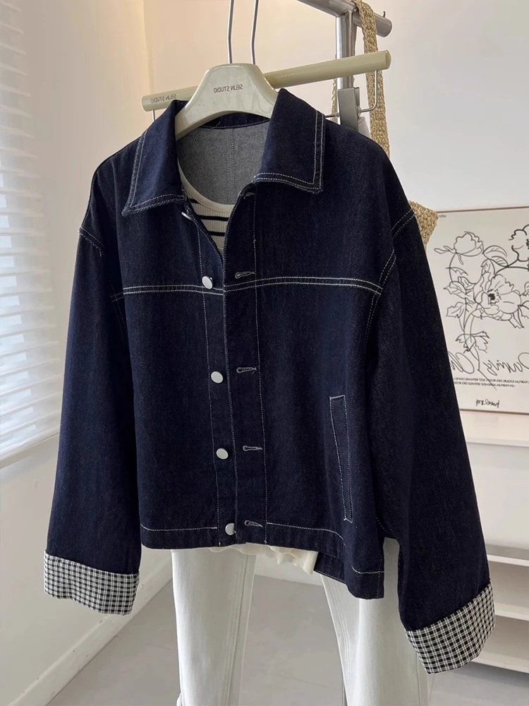 

Retro Plaid Sve Denim Jaet Loose Fit Women's Hong Kong Sle Casual Outerwear Long Sve Button up Slimming Coat