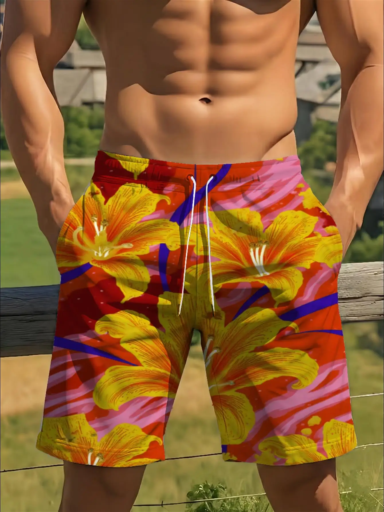 Men's Crime Scene Tape Rose Print Quick Dry Drawstring Summer Beach Board Shorts 2026