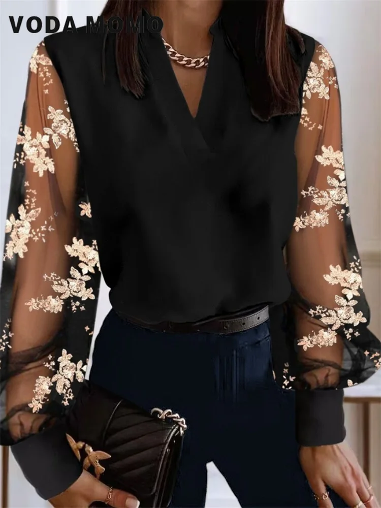 

Женская блузка с длинным рукавом, V-образным вырезом и кружевом