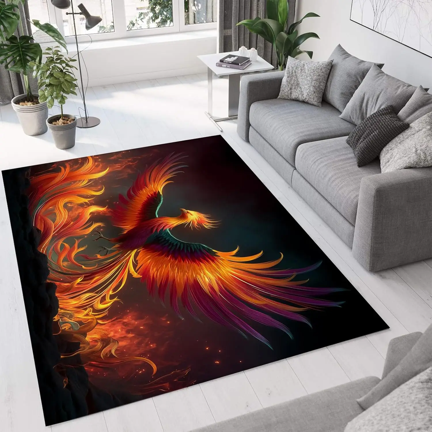 Fire Phoenix Rug, Colorful Flame Legendary Bird Gothic Home Design, Non-Slip Washable Mat for Bedroom Lounge Game Room Decor