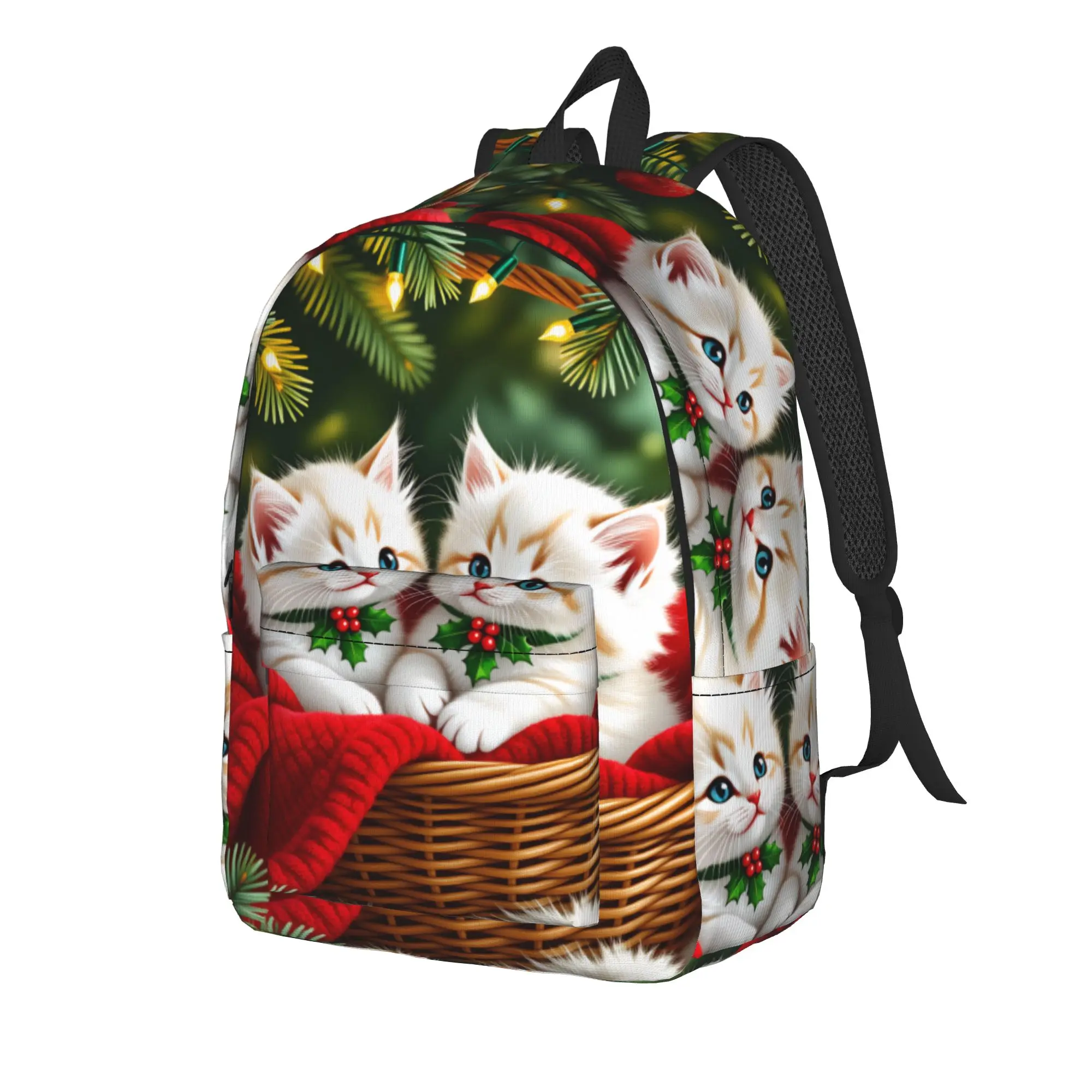 Christmas Cats  Adorable Kittens in Festive Backpack  Women Men Polyester Workout Backpacks Pattern Cute School Bags Rucksack
