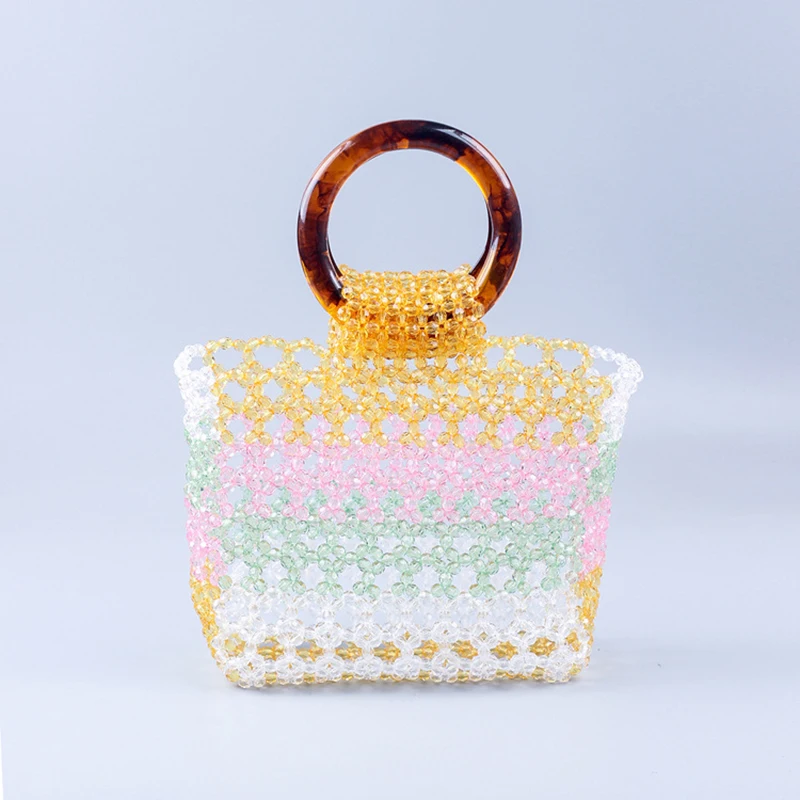 Autumn New Mixed Color Hollow Out Tote Bags Retro Square Hand Beaded Acrylic Resin Round Handbag Wooden Handle Bags