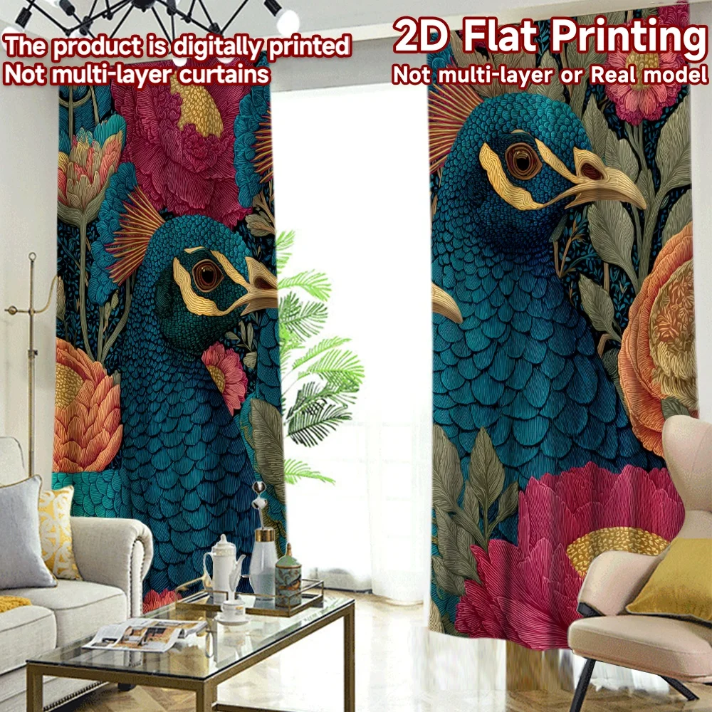 2D FLAT PRINTING 2pcs Curtains (Without Rod) Elegant Peacock Among Flowers Popular Contemporary Curtains Versatile Polyester