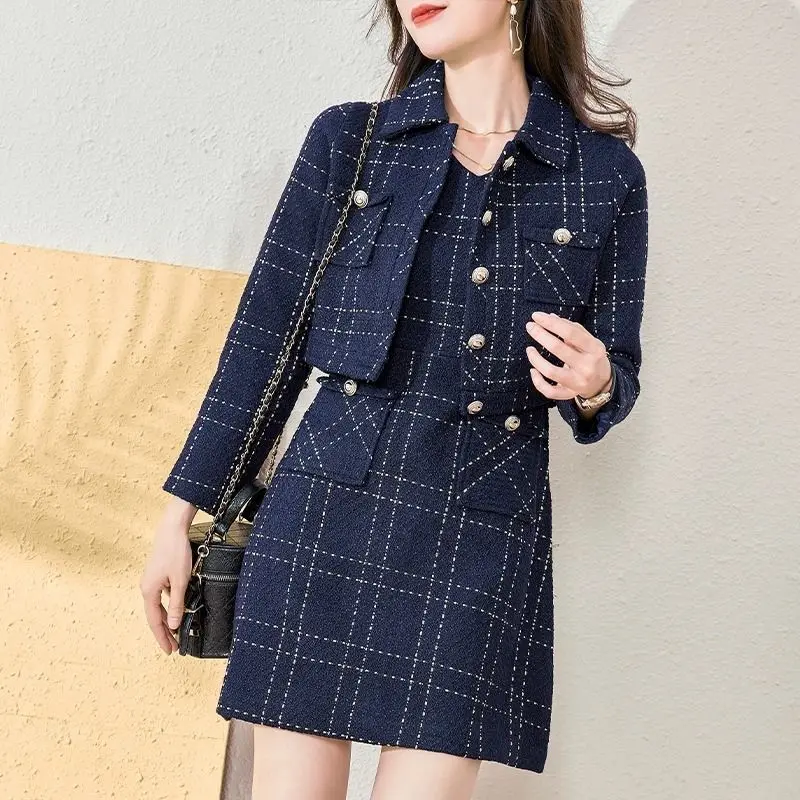 Suits Xiaoxiangfeng Checkered Acket And Mini Dresses Ladies Autumn Suits For Women 2 Piece Set Fashion New Autumn Women'S Casual