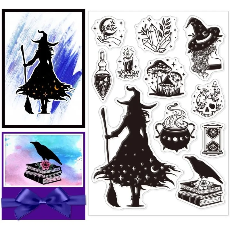 1pc Witch Clear Stamps Crow Mushroom Transparent Stamps Silicone Clear Stamp Seals for DIY Scrapbooking Photo Album