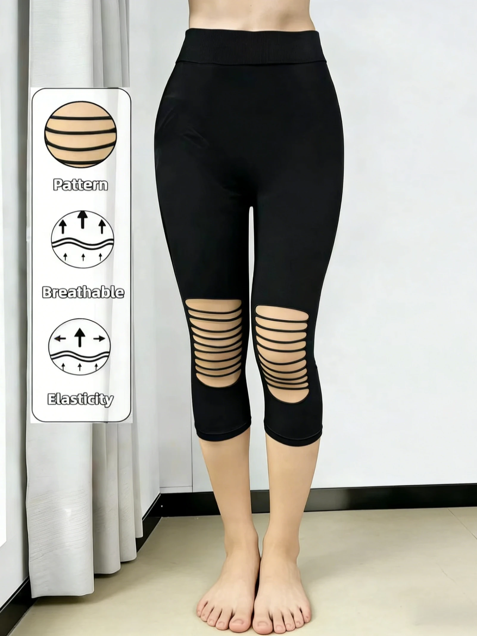 

Women's High Waist Cutout Capri Leggings, Breathable Stretchy 3/4 Length Sports Pants with Knee Slit Design