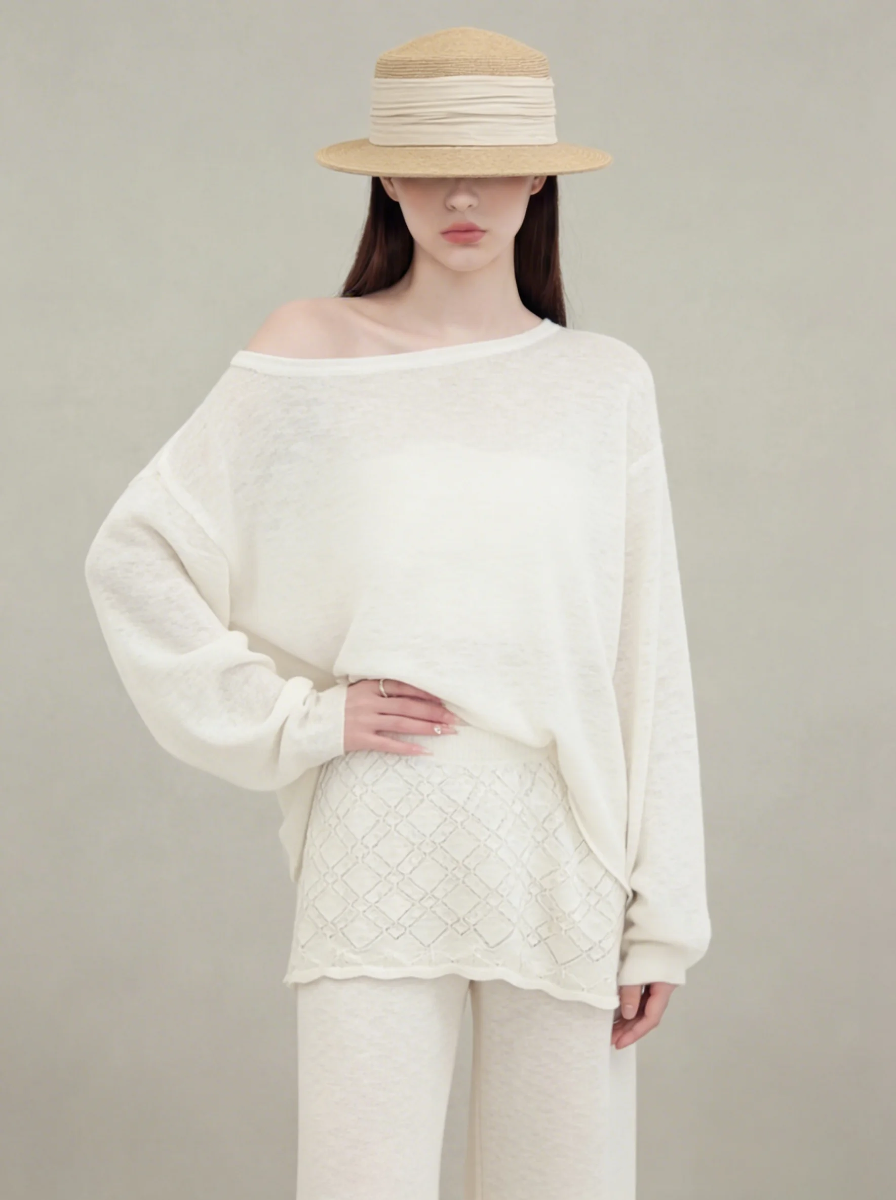 

Unique Beautiful Thin Knitted One-Shoulder Spring Fashion Set High Waist Long Pants Casual Style for Women in Their 20s to 30s