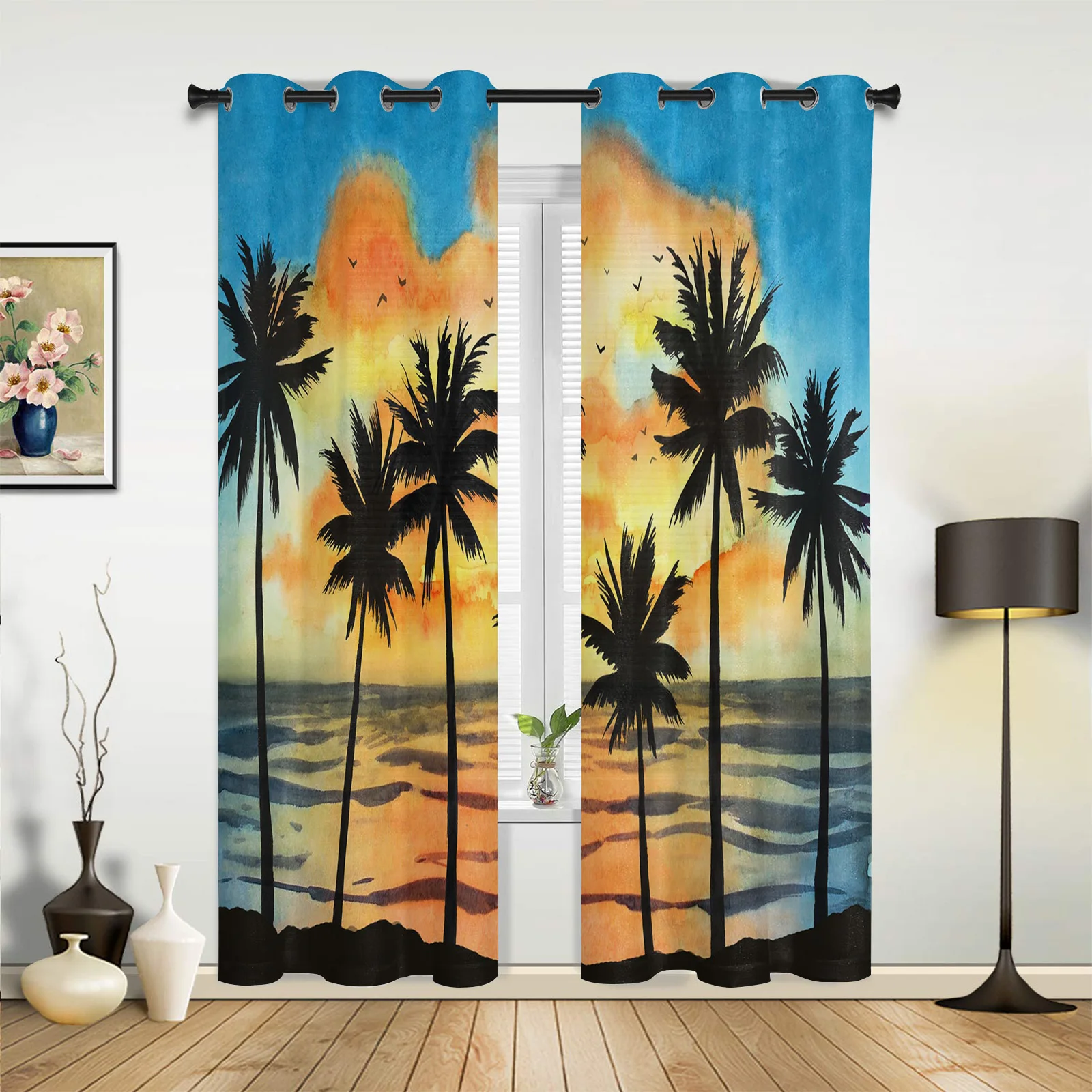 

Ocean Tropical Watercolor Window Curtains In The Living Room Kitchen Window Curtain Hotel Open Drapes Printed Window for Bedroom