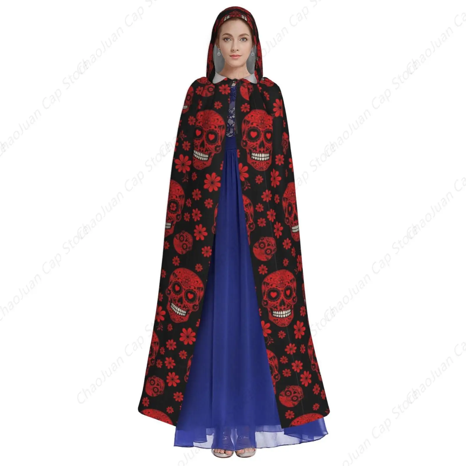 Women Men Full Length Sugar Skulls Hoodie Dress Cloak for Halloween Role Cosplay Costume, Mysterious Goth Cloak Outfit 58 inch