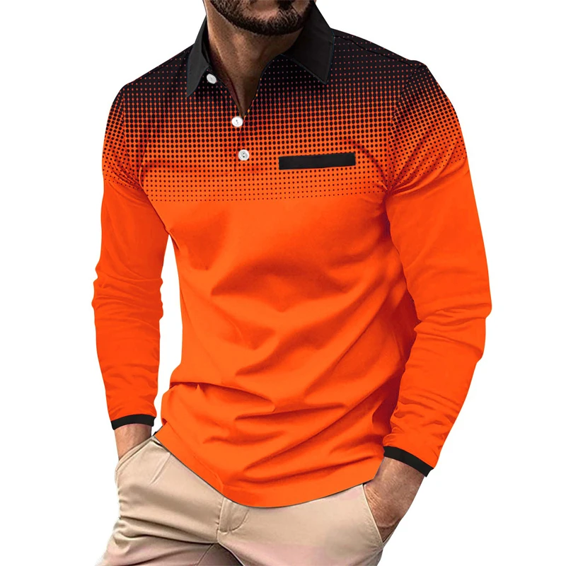 Gradient Color Autumn Men's Long Sleeved Polo Shirt Design, Fashionable Men's Top T-shirt Item