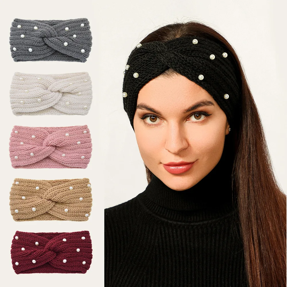 Fashion Pearls Knitted Headband Women Cross Knotted Hair Bands Autumn Winter Ear Warmer Protectors Wide Turban Hair Accessories