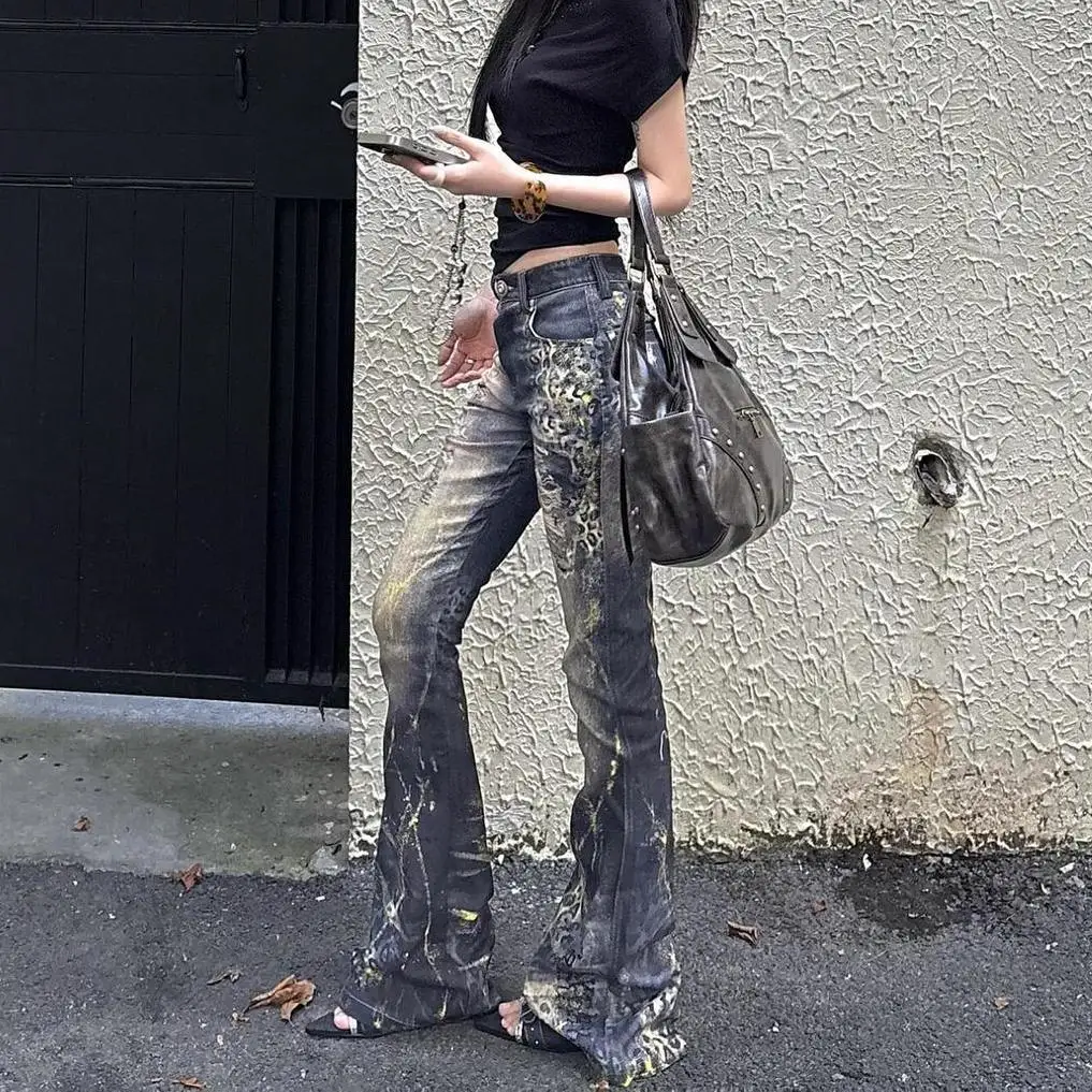 

2025 Autumn Women Vintage Leopard Print Jeans High Street Harajuku Y2k Denim Trousers Streetwear 2000s 90s Flare Pants Clothes