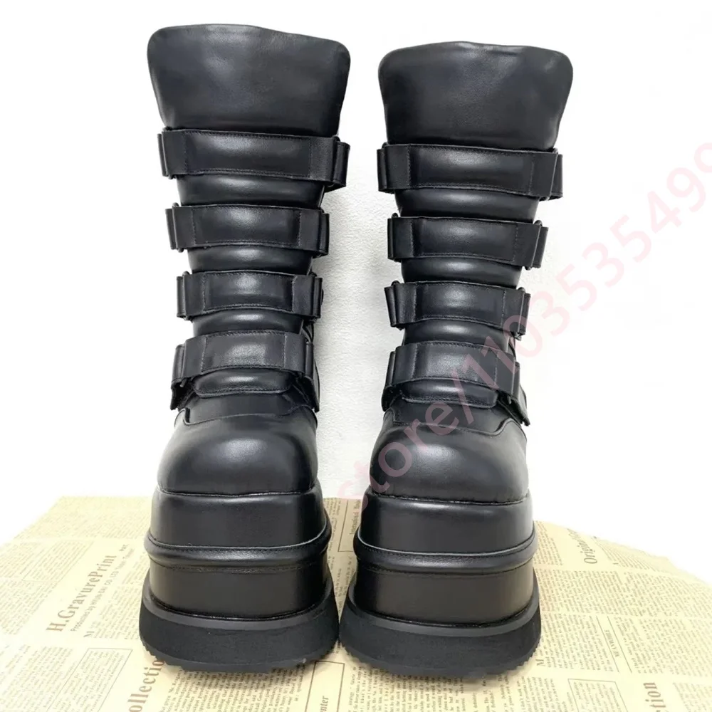 2026 Padded Platform Ankle Boots Round Multi Wide Hook Loop Straps Wedge Heel Y2K Gothic Punk Street Fashion Short Boots