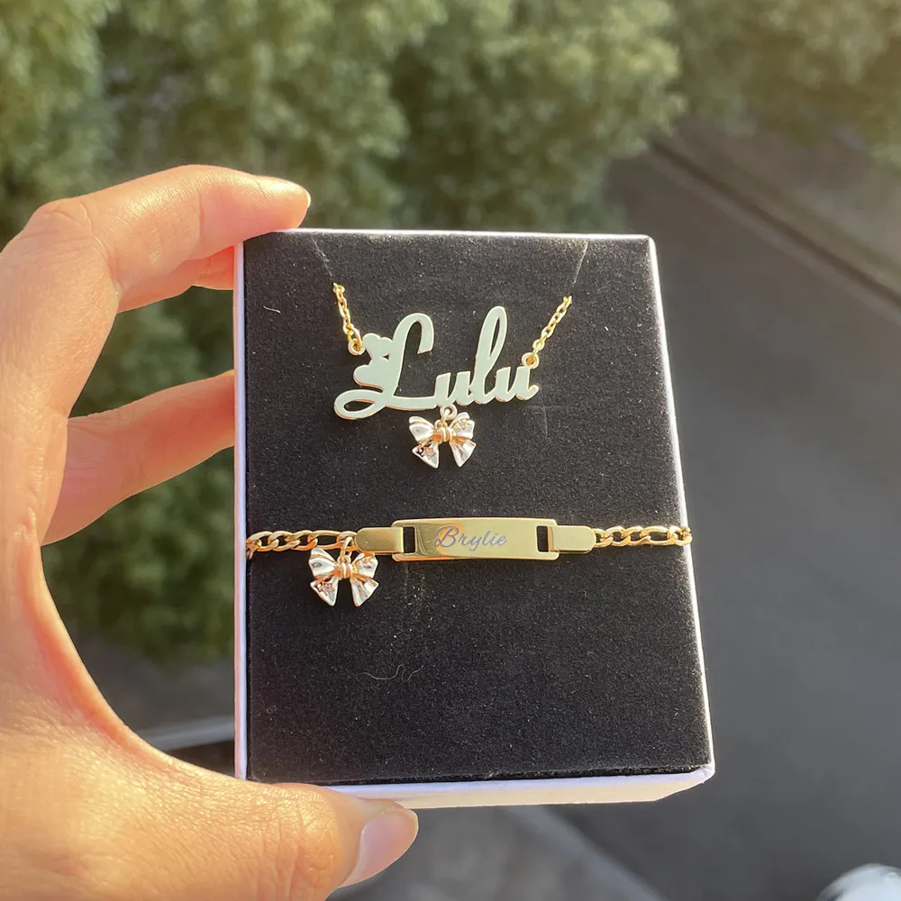 Lulu\'s  Bow Customized Name Jewelry Set For Girl Personalized Nameplate Pendant Cute Necklace Bracelet Gift