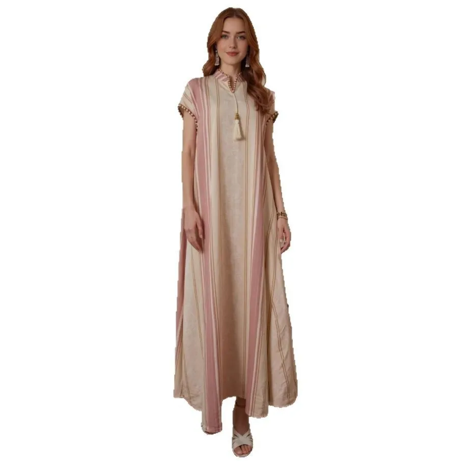 새로운 무슬림 여성 의류 여름 드레스 스트라이프 프린트 펜던트 장식 아바야 로브 아바야 라마단 두바이 럭셔리 이슬람 우아한