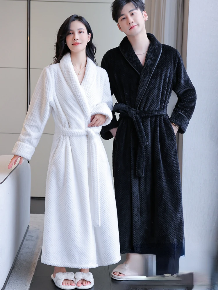 Autumn Winter Thick Flannel Couple Pajamas Nightgown  Bath Robe Kimono Bathrobe Fleece Loungewear Sleepwear Warm Robes Belts