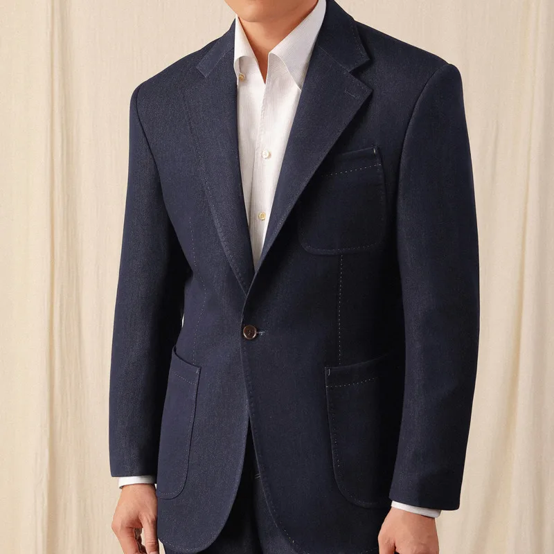 Mens Stylish Blazer Denim Jacket Men Single Breasted Business Mens Blazer Vintage Gentleman One Button Wedding Groom Formal Suit