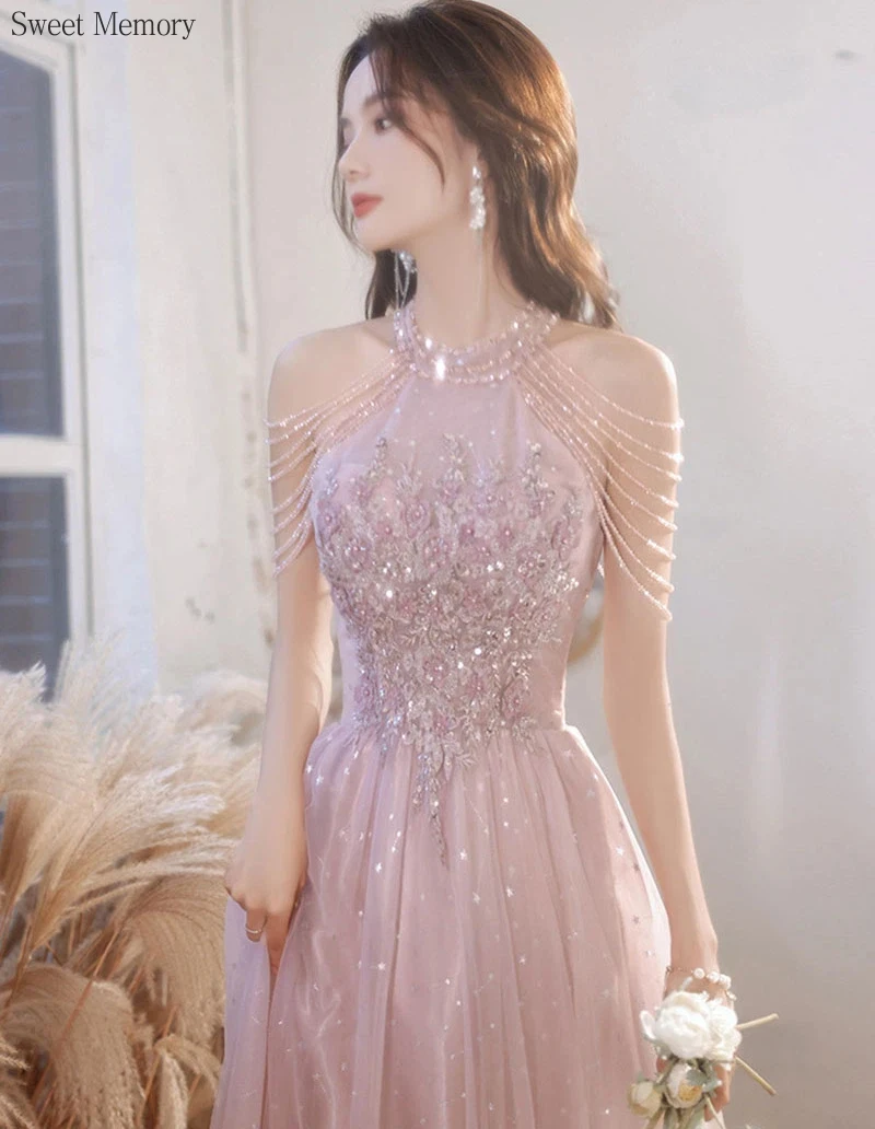 

J1135 Sweet Memory Pink Blue Formal Evening Dresses 2026 Halter Beads Mesh Tulle Prom Party Dress For Women Dresses