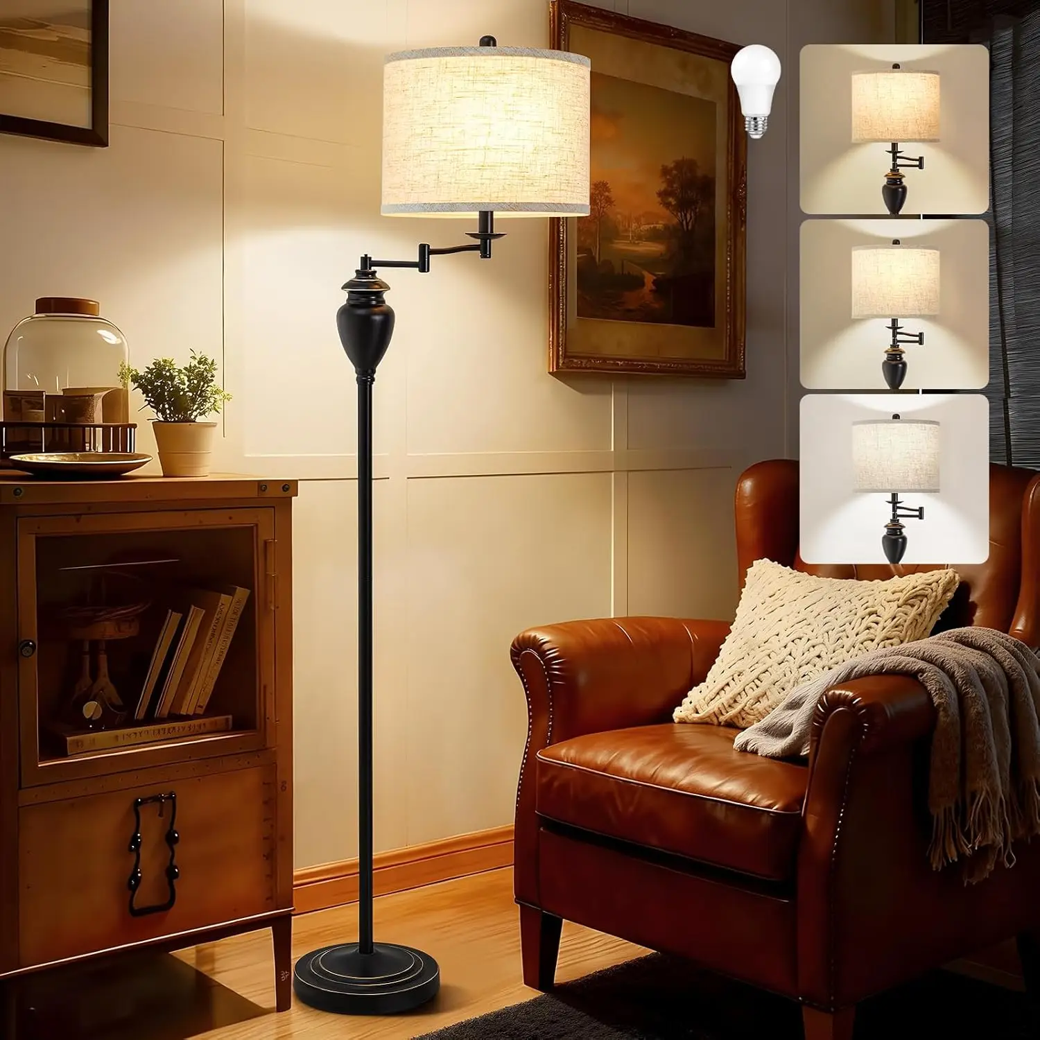 

Adjustable Swing Arm Floor Lamp with Color Temperature Control for Living Room, Bedroom, Office